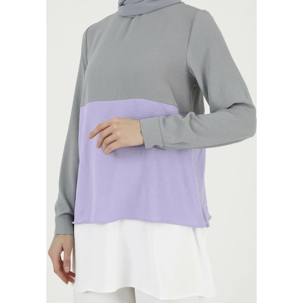 Refka Casual Purple‎ Colorblock Long Sleeve Tunic Blouse Womens US 12 Modest Top - Picture 2 of 8
